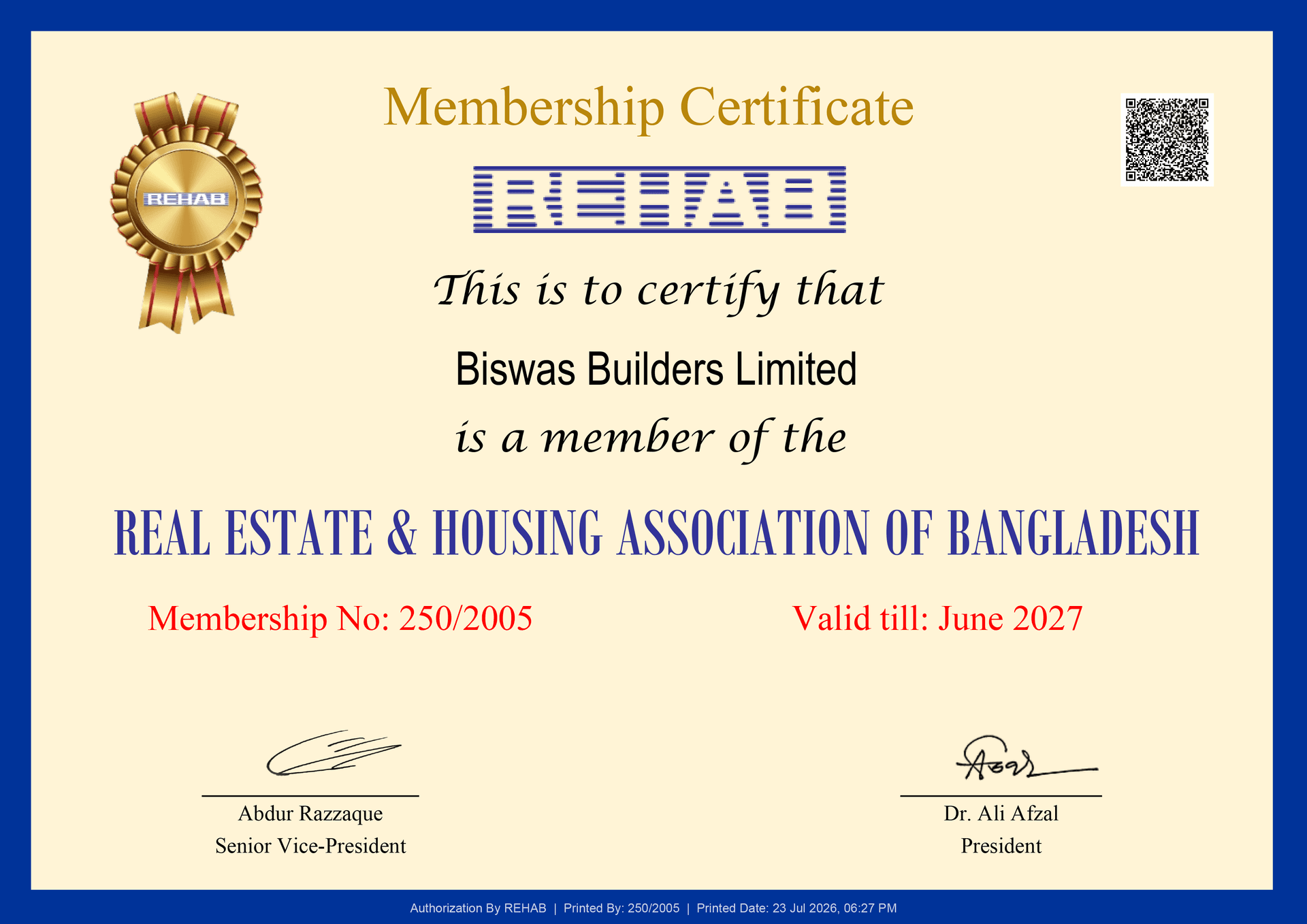 REHAB Membership Certificate